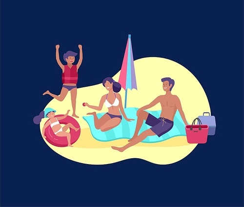 Collection of family summer hobby activities. Mother, father and children sunbathing, swimming, traveling together. Cartoon vector illustration