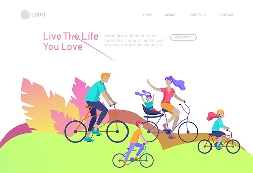 Landing page template with family riding bicycles, woman waving his hand, mother riding bicycles with child. People cycling outdoor activities concept at park, healty life style. Cartoon illustration