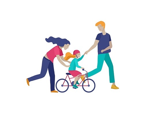 Collection of family hobby activities. Mother, father and children teach daughter to ride bike together. Cartoon vector illustration