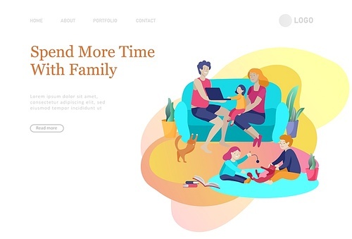 landing pages set with Collection of family hobby activities. Mother, father and children spend time together. Cartoon vector illustration