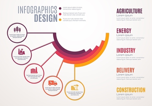 Infographics vector template of business data presentation. Step chart or graph layout with five options of agriculture, delivery, construction and energy industries, process diagram with flat icons