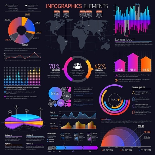 Business infographics vector elements. Template of presentation graphs, charts and world map, business options, processes, steps, workflow and timeline diagrams, statistic data info graphic design