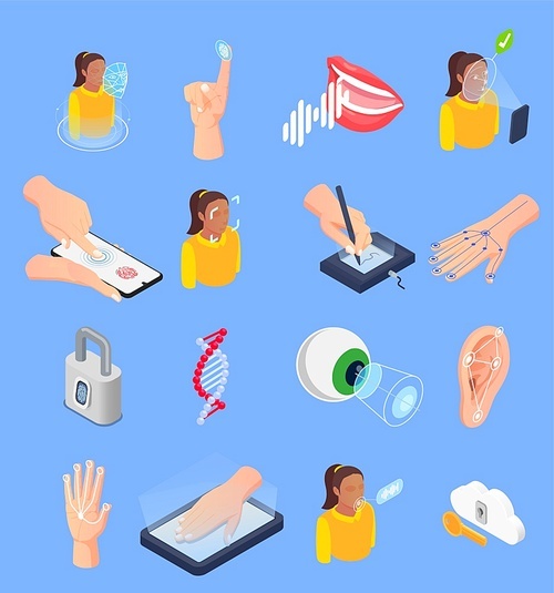 Isometric set of icons with various ways of biometric recognition using face voice fingerprint digital signature veins matching isolated vector illustration