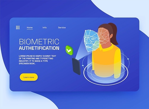 Biometric authentication isometric horizontal banner with face recognition technology 3d vector illustration