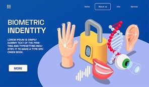 Biometric identity isometric concept with veins matching dna voice face fingerprint recognition 3d vector illustration