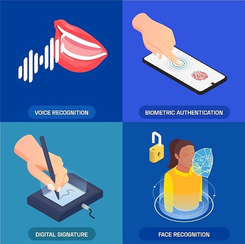 Biometric authentication 2x2 icons set with voice face fingerprint recognition and digital signature 3d isometric isolated vector illustration