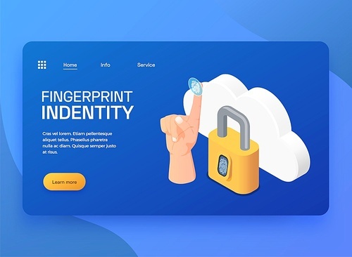 Data protection using biometric fingerprint authentication isometric banner 3d vector illustration