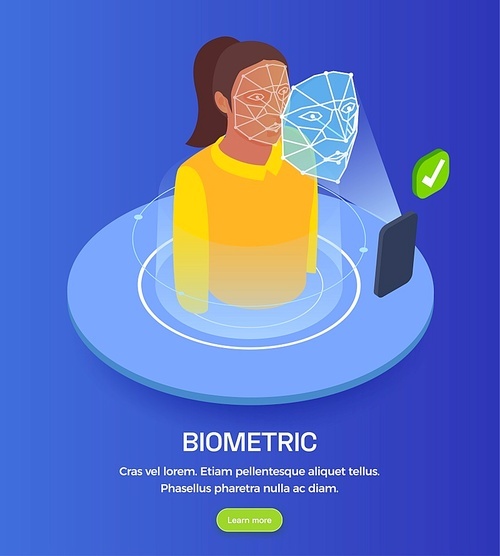 Face scanning biometric technology isometric concept with woman and electronic device on blue background 3d vector illustration