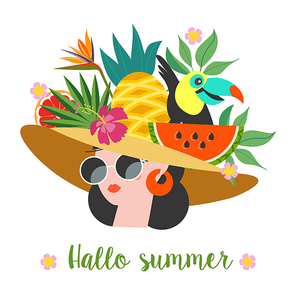 Hello, summer. Bright summer colorful illustration. A beautiful girl in sunglasses with a hairstyle decorated with exotic flowers and tropical fruits.