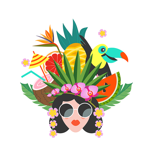 Hello, summer. Bright summer colorful illustration. A beautiful girl in sunglasses with a hairstyle decorated with exotic flowers and tropical fruits.