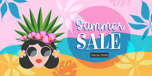 Summer sale. A bright colorful poster for a seasonal sale. A beautiful girl with a hairstyle decorated with exotic flowers.