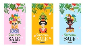 Summer sale. A set of bright colorful posters for the seasonal sale. Beautiful girls of different races with hairstyles decorated with exotic flowers and fruits.