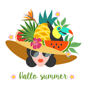 Hello, summer. Bright summer colorful illustration. A beautiful girl in sunglasses with a hairstyle decorated with exotic flowers and tropical fruits.