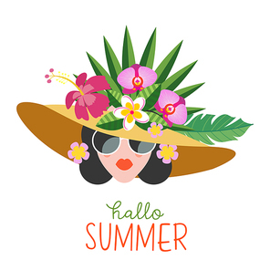 Hello, summer. Bright summer colorful illustration. A beautiful girl in sunglasses with a hairstyle decorated with exotic flowers and tropical fruits.