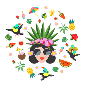 Hello, summer. Bright summer colorful illustration. A beautiful girl in sunglasses with a hairstyle decorated with exotic flowers and tropical fruits.