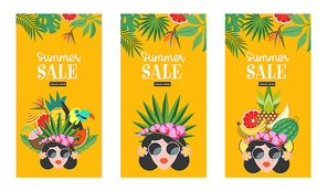 Summer sale. A set of bright colorful posters for the seasonal sale. A beautiful girl with a hairstyle decorated with exotic flowers and fruits.