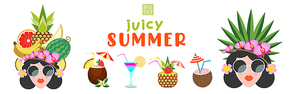 Juicy summer. Summer bright poster. A beautiful girl with a hairstyle decorated with exotic flowers and fruits. A set of beautiful tropical cocktails.