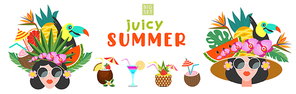 Juicy summer. Summer bright poster. A beautiful girl with a hairstyle decorated with exotic flowers and fruits. A set of beautiful tropical cocktails.