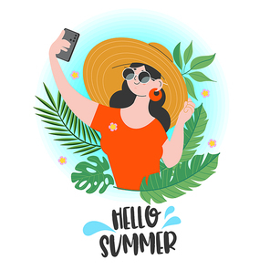 Hello summer. A beautiful girl in a straw hat and sunglasses takes a selfie among the exotic foliage. Vector summer bright illustration.