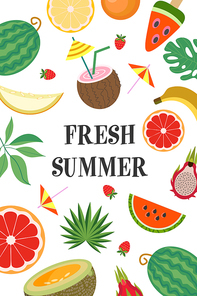 Fresh fruit, tropical foliage, and cocktails. Fresh summer. Bright summer illustration on a white background.