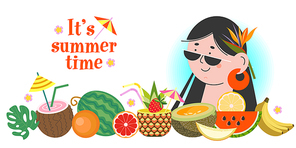 It's summer time. Summer vector horizontal banner, illustration with a happy girl and fresh fruit. Summer vacation, joy, delicious and healthy food, fresh fruit, healthy lifestyle.