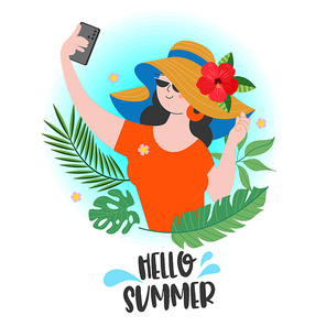 Hello summer. A beautiful girl in a straw hat and sunglasses takes a selfie among the exotic foliage. Vector summer bright illustration.