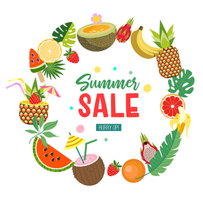 Fresh fruit, tropical foliage, and cocktails. Summer sale. Bright summer illustration on a white background.