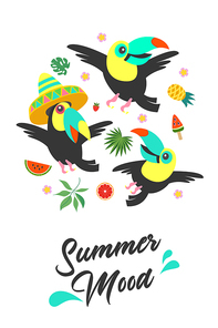 Summer mood. Bright summer vector illustration on a white background, a postcard with funny toucans. Three toucans fly merrily among exotic foliage and juicy fruits.