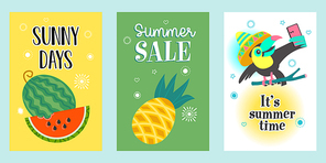 A set of bright summer posters. A collection of illustrations with a colorful summer mood. A sunny day with a juicy watermelon, a summer sale with a bright pineapple, a summer with a cheerful toucan who takes selfies.