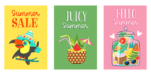 A set of bright summer posters. A collection of illustrations with a colorful summer mood. Summer sale with a cheerful toucan on a yellow background, juicy summer with a pineapple cocktail on a green background, hello summer with summer in a jar on a pink background.