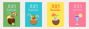 A set of bright summer posters. Juicy summer. A collection of tropical cocktails. Coconut cocktail on a green background, pineapple cocktail on a blue background, coconut cocktail on a yellow background, multi-colored cocktail in a glass glass on a pink background.