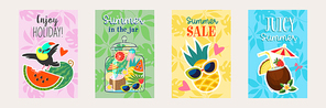 A set of bright summer posters. A collection of illustrations with a colorful summer mood. Enjoy your vacation with a cheerful toucan on a pink background, a summer sale with a pineapple in sunglasses on a yellow background, a juicy summer with a coconut cocktail on a blue background, a summer in a jar on a green background.