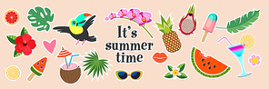 It's summer time. Colorful horizontal banner on a light background with bright stickers. A large set of summer stickers. Fruit, ice cream, merry toucan, coconut cocktail and flowers.