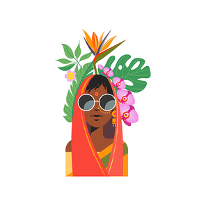 Hello, summer. Bright summer colorful illustration. Beautiful Indian girl wearing sunglasses with a hairstyle decorated with exotic flowers and tropical fruits.