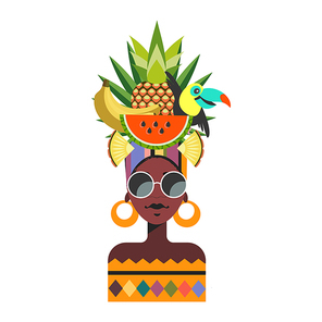 Hello, summer. Bright summer colorful illustration. Beautiful African girl wearing sunglasses with a hairstyle decorated with exotic flowers and tropical fruits.