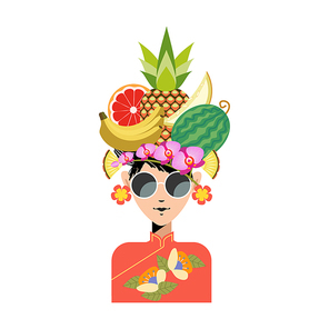 Hello, summer. Bright summer colorful illustration. Beautiful Chinese girl wearing sunglasses with a hairstyle decorated with exotic flowers and tropical fruits.