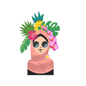 Hello, summer. Bright summer colorful illustration. Beautiful Muslim girl wearing sunglasses with a hairstyle decorated with exotic flowers and tropical fruits.