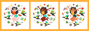 It's summer time. Funny girls happily jump among exotic fruits and leaves. Vector illustration on a white background.