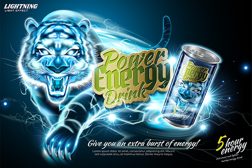 Power energy drink ads with lightning tiger effect in 3d illustration