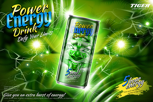 Power energy drink ads with green lightning effect in 3d illustration