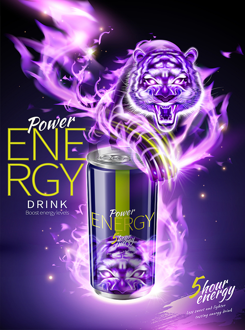 Power energy drink ads with purple flame tiger effect in 3d illustration