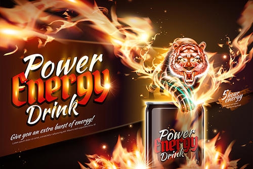 Power energy drink ads with flame tiger effect in 3d illustration
