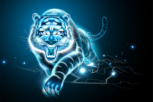Vicious tiger with lightning effect in blue tone