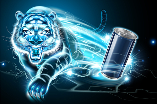 Blank aluminum can and lightning vicious tiger effect in 3d illustration