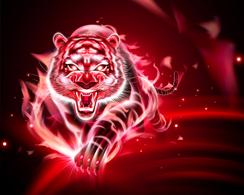 Vicious tiger with red burning flame in 3d illustration