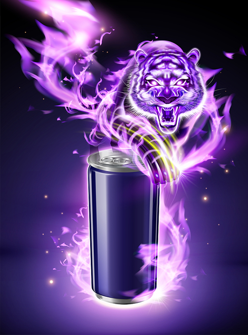 Blank aluminum can with vicious tiger and purple burning flame in 3d illustration