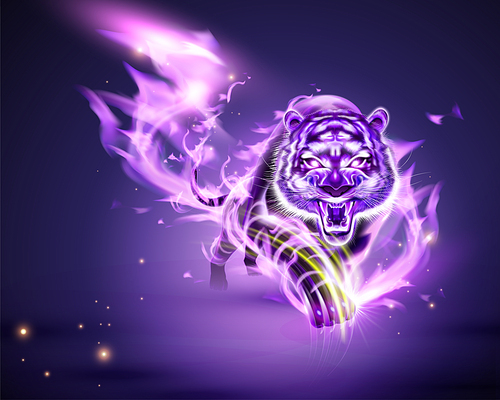 Vicious tiger with purple burning flame in 3d illustration