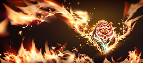 Vicious tiger with burning flame in 3d illustration