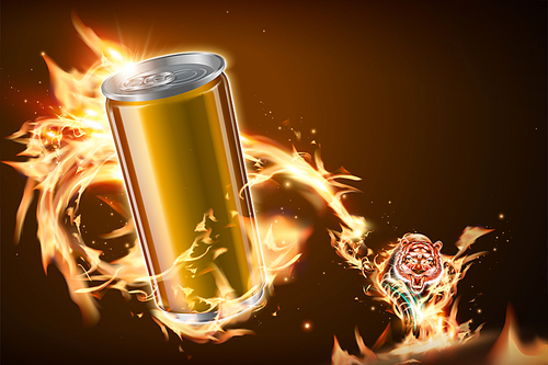 Blank aluminum can with vicious tiger and burning flame in 3d illustration
