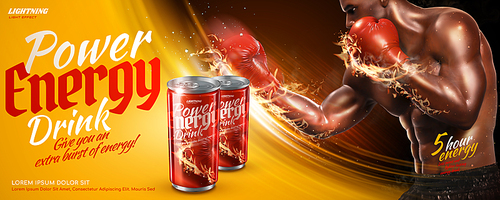 Power energy drink ads with strong boxer in 3d illustration
